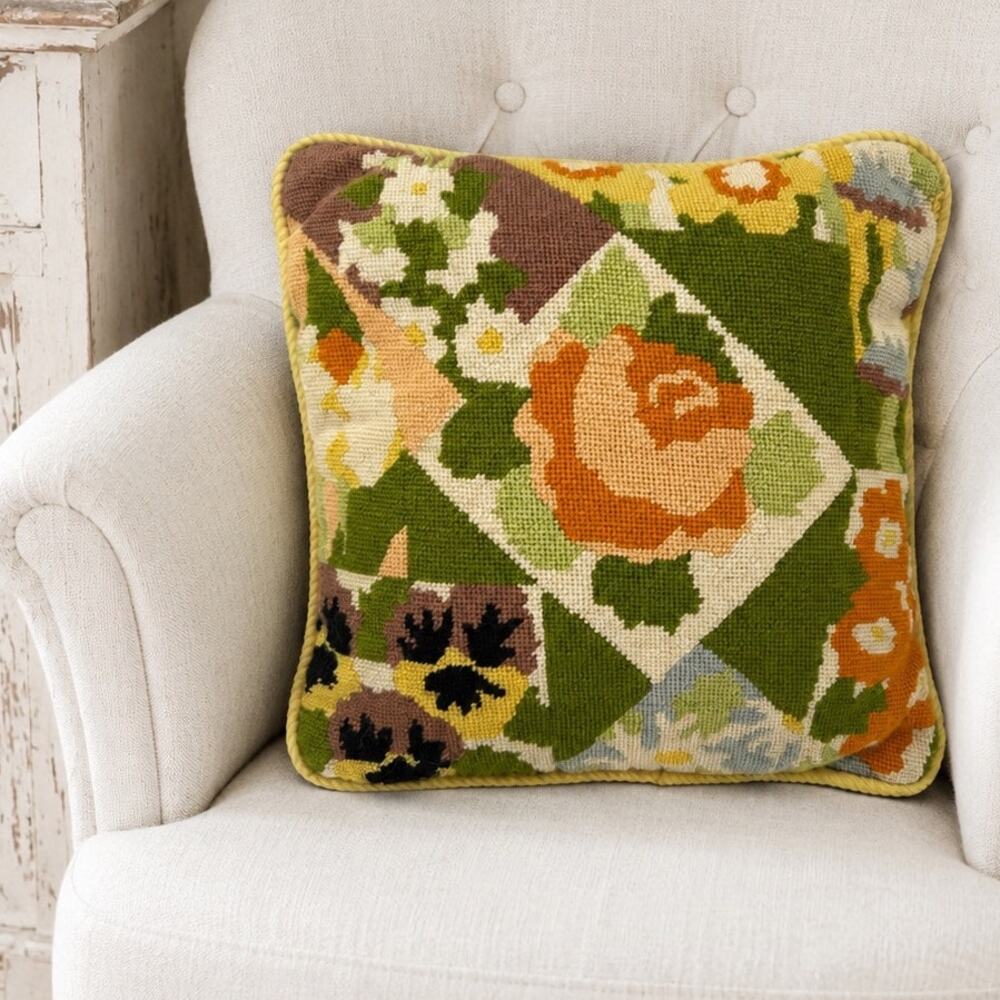 1970's Earthtone Floral Needlepoint Pillow